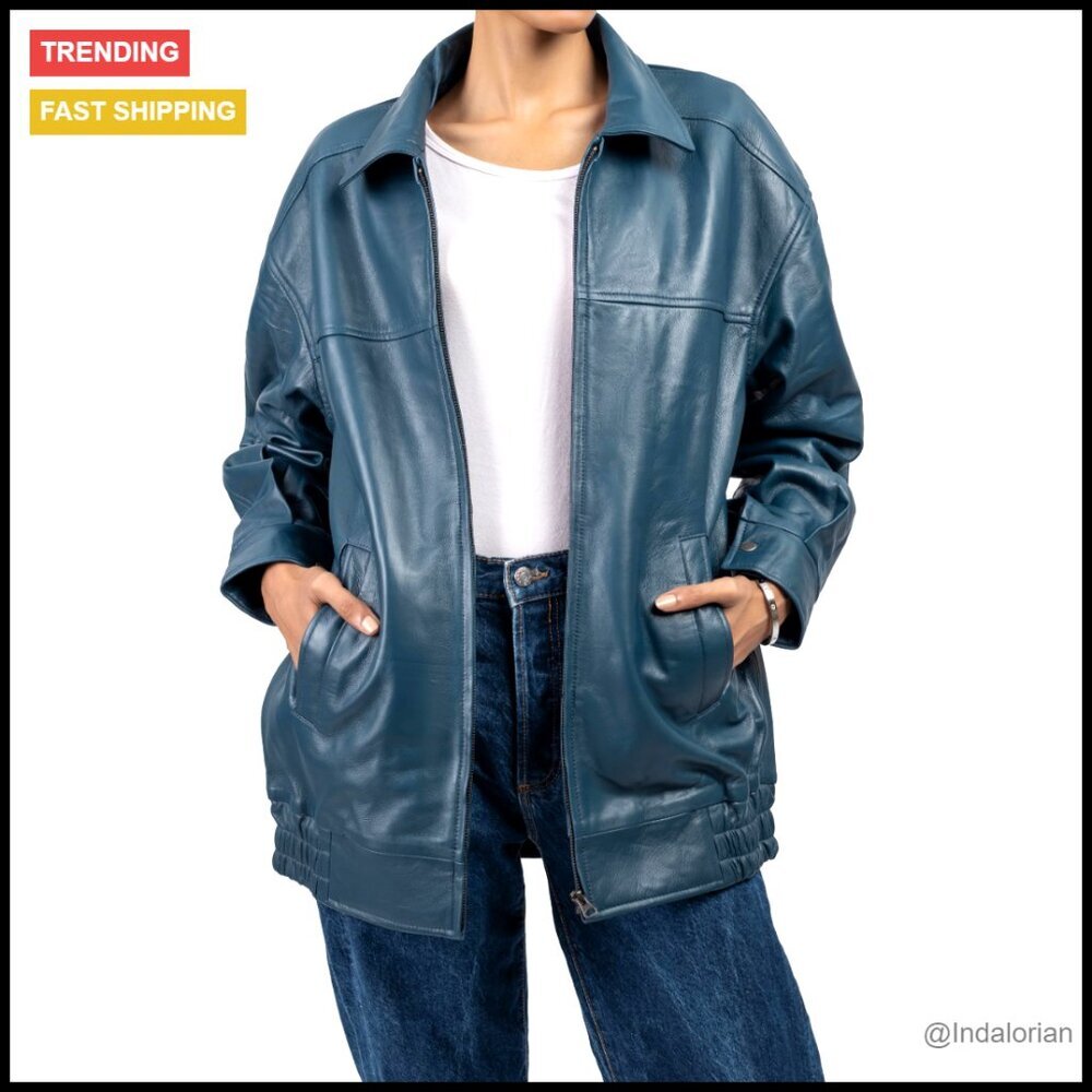 Oversized Lambskin Leather Jacket Classic Chic Motorcycle Style Fall Outerwear